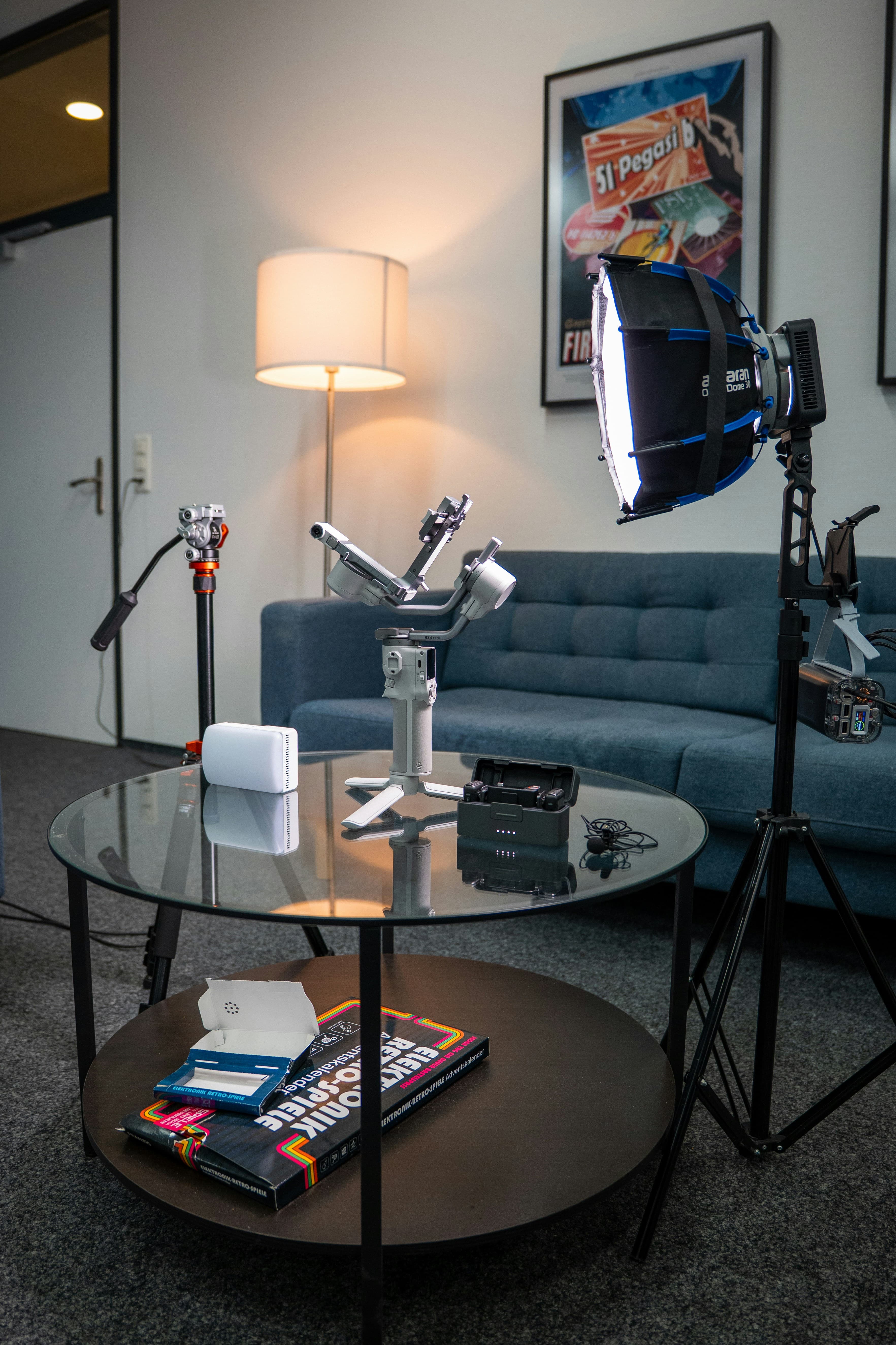 Studio set with a gimbal, a sofa and professional lighting